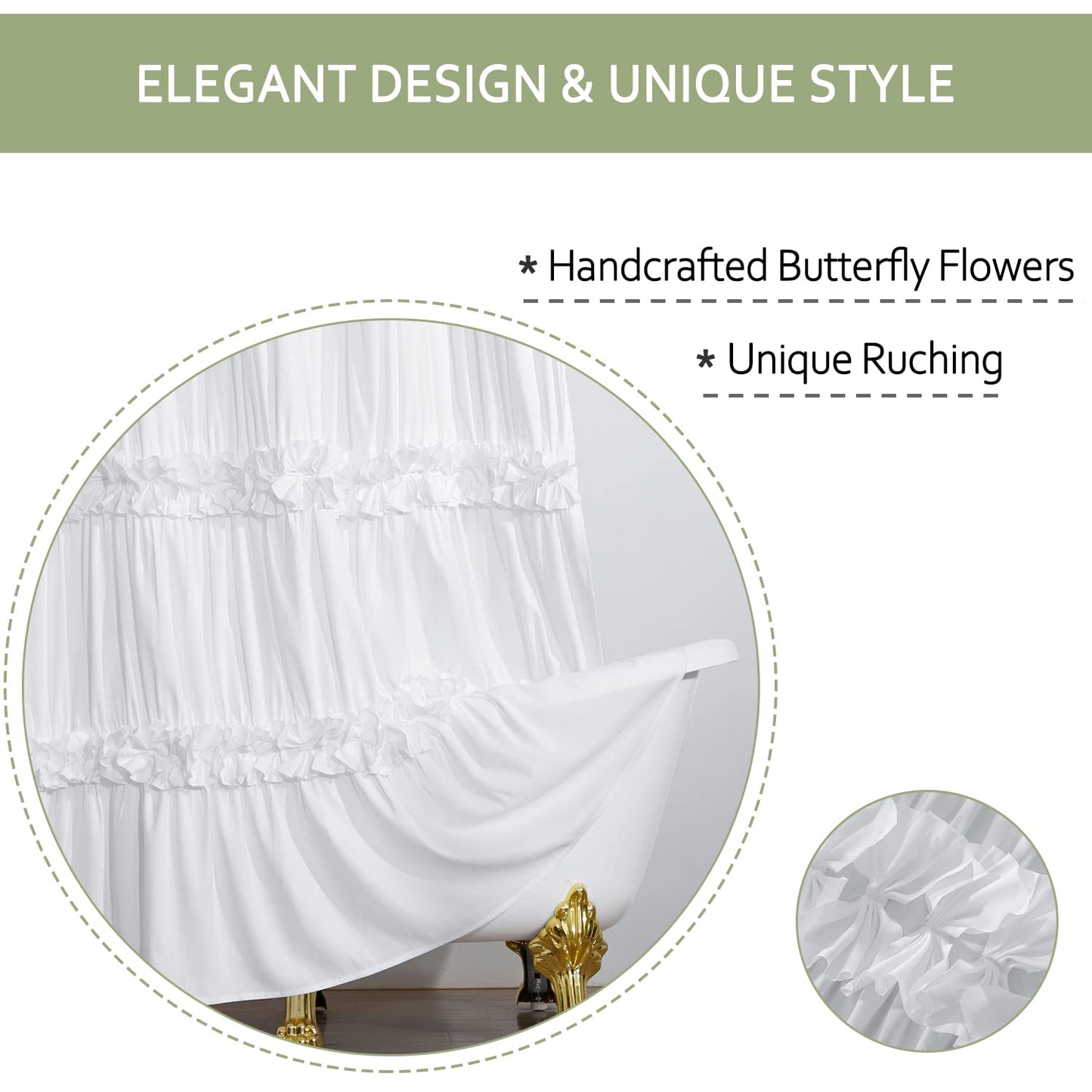 Victorian Bow Tie Ruffle Shower Curtain, with 12 Buttonholes, 72" W x 72" H, White (LQ-10)