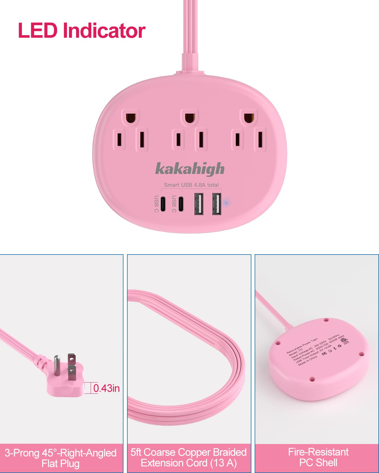 Cute Surge Protector – 5FT Flat Extension Cord, 3 Outlets, 4 USB Ports (24W)