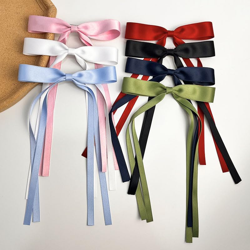 Satin 4-Piece Hair Ribbon Clips for Women and Girls – Pink and Beige Long Tail Bow Hair Accessories