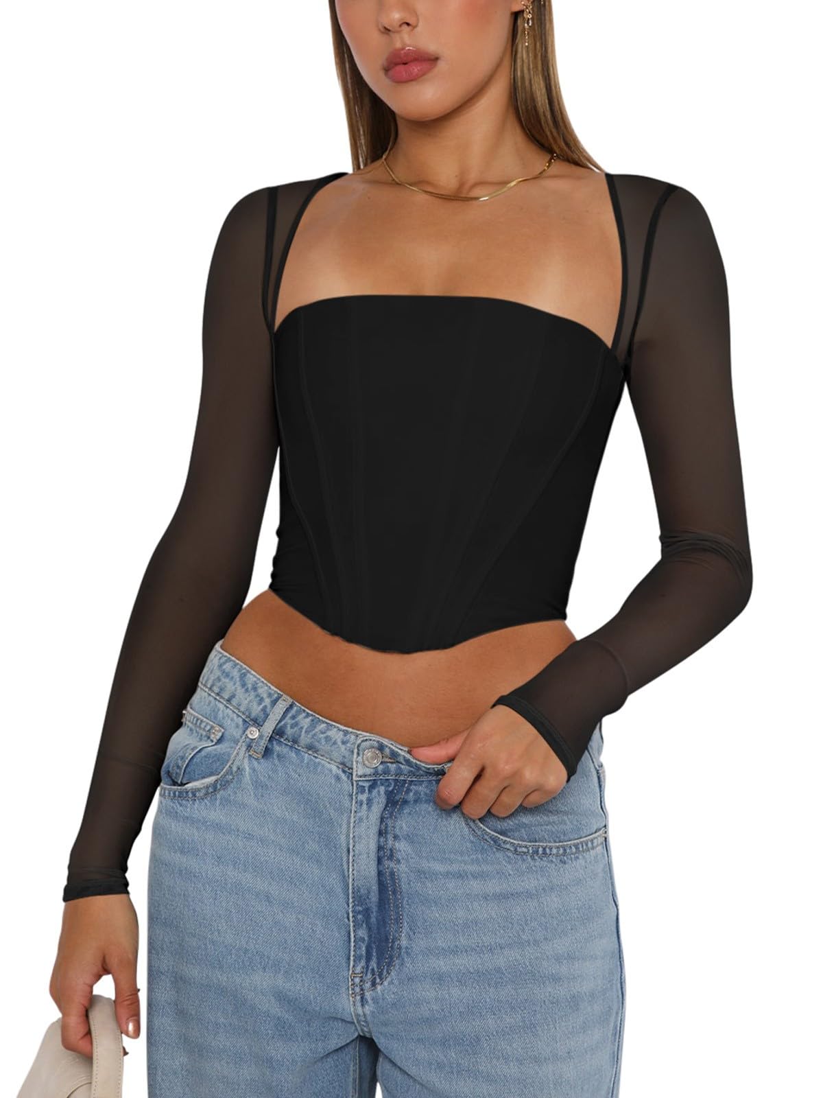 Women's Sexy Sheer Long-Sleeve Corset – Y2K Square Neck, Cropped Party Top