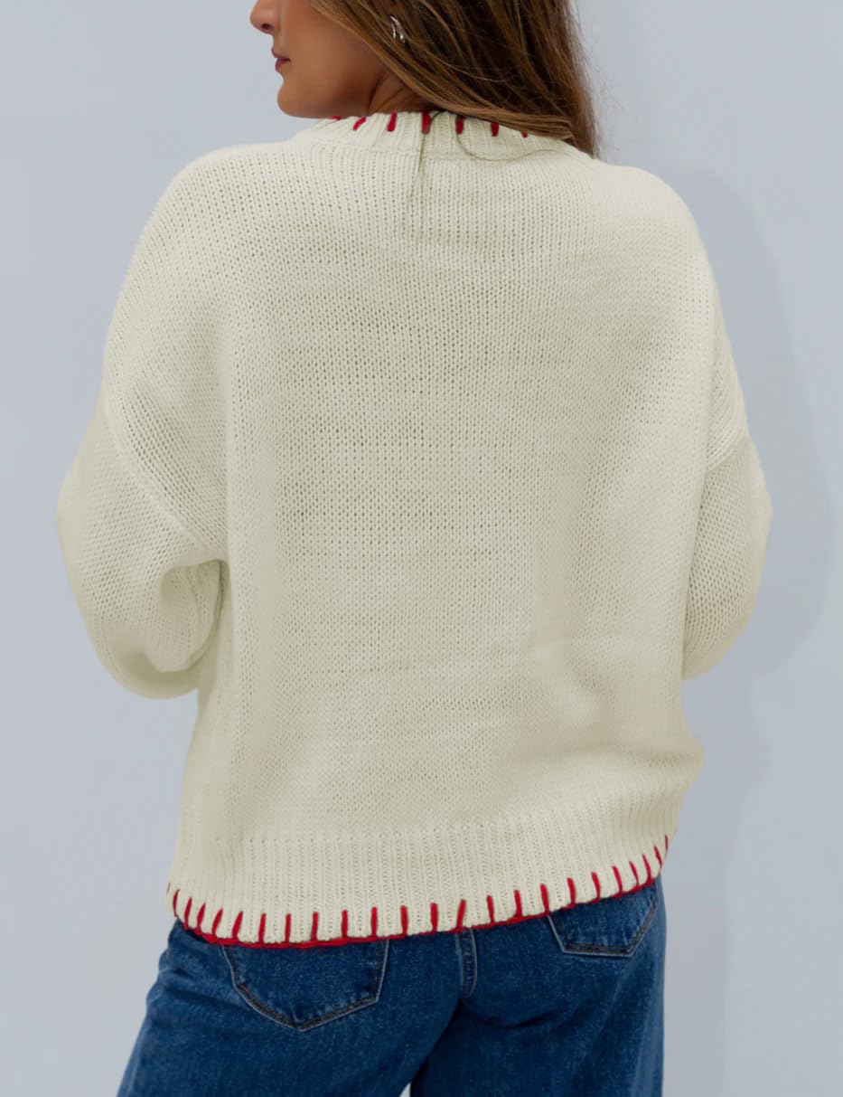 Women Y2K Bow Knit Sweater Crew Neck Long Sleeve Knitted Pullover Oversized Contrast Trim Knitwear