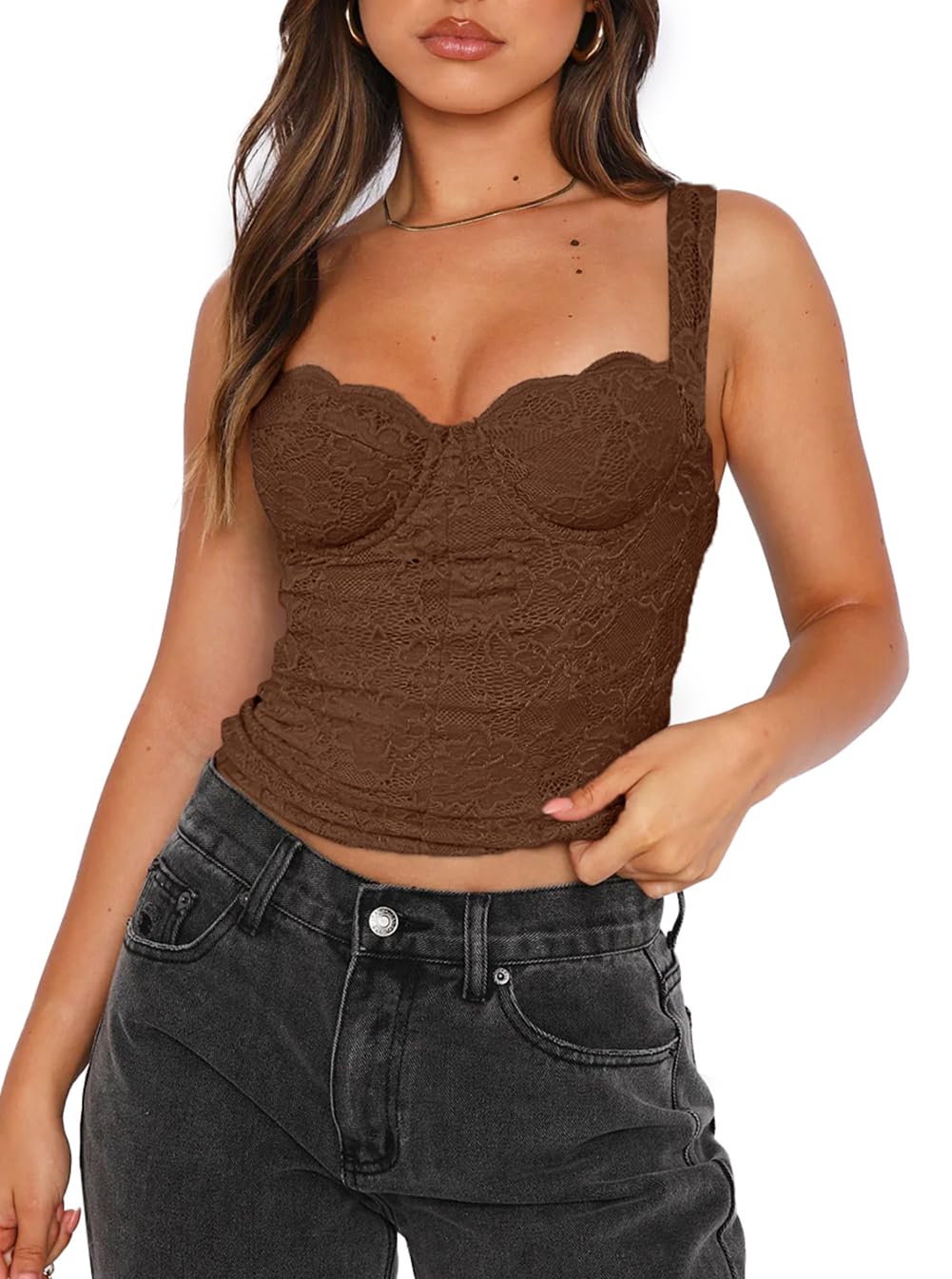 Sexy Square Neck Sleeveless Lace Bustier Tank Crop Top