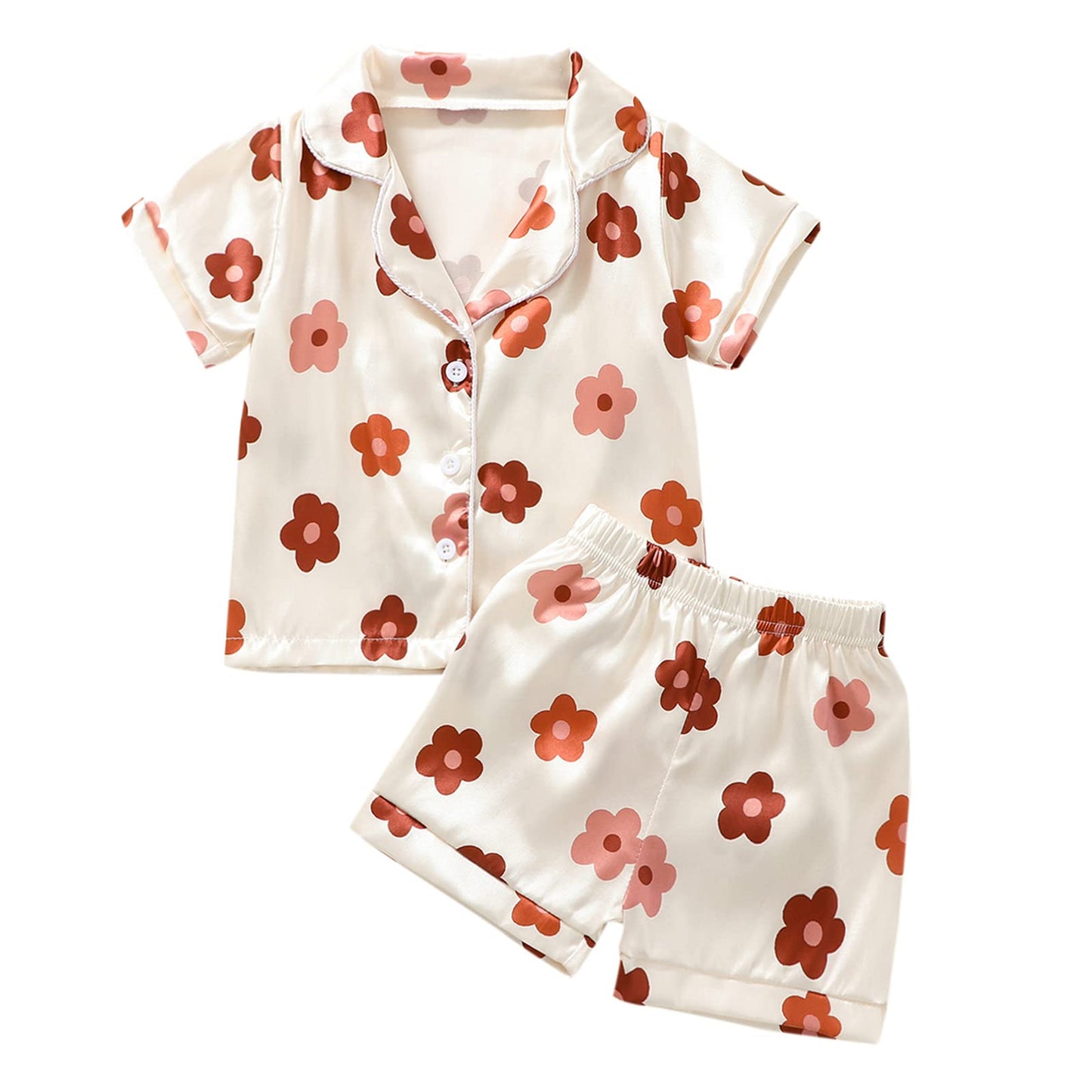 Toddler Girls Floral Silk Pajamas Short Sleeve Button-Up Top Shorts 2PC Flowers Satin Pajamas Set