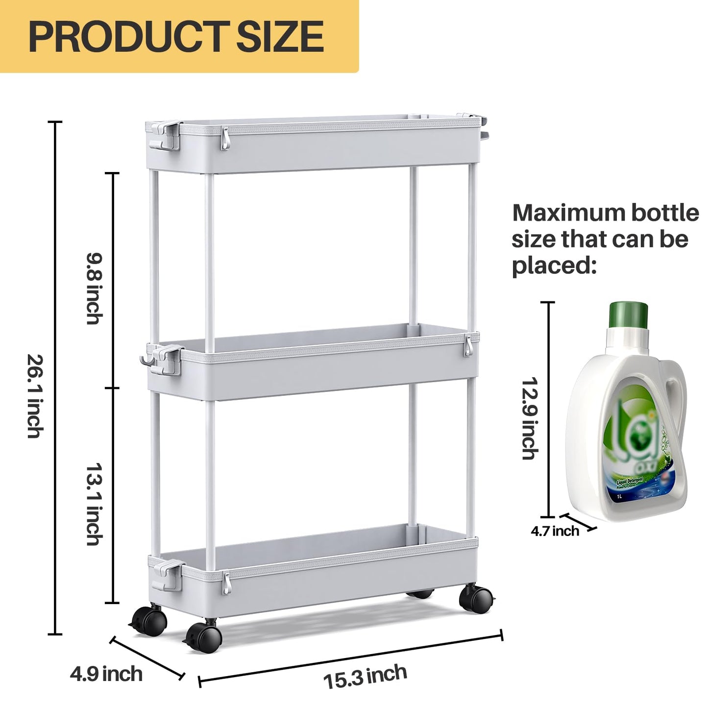 Slim Rolling Storage Cart, 3 Tier Bathroom Organizer