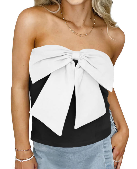 Cute Bow Strapless Tube Top - Cropped Fitted Y2K Bandeau Tank Tops Backless Corset Shirts