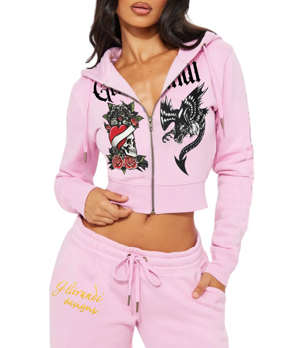 Womens 2 Piece Cropped Hoodies Jacket Sweatpants With Pockets Tracksuit