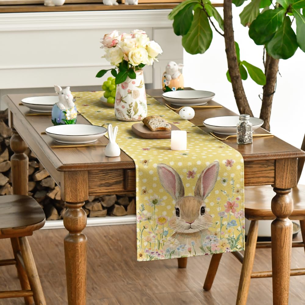 Floral Bunny Rabbit Easter Table Runner, Seasonal Spring Kitchen Dining Table Decoration for Home Party Decor 13x72 Inch