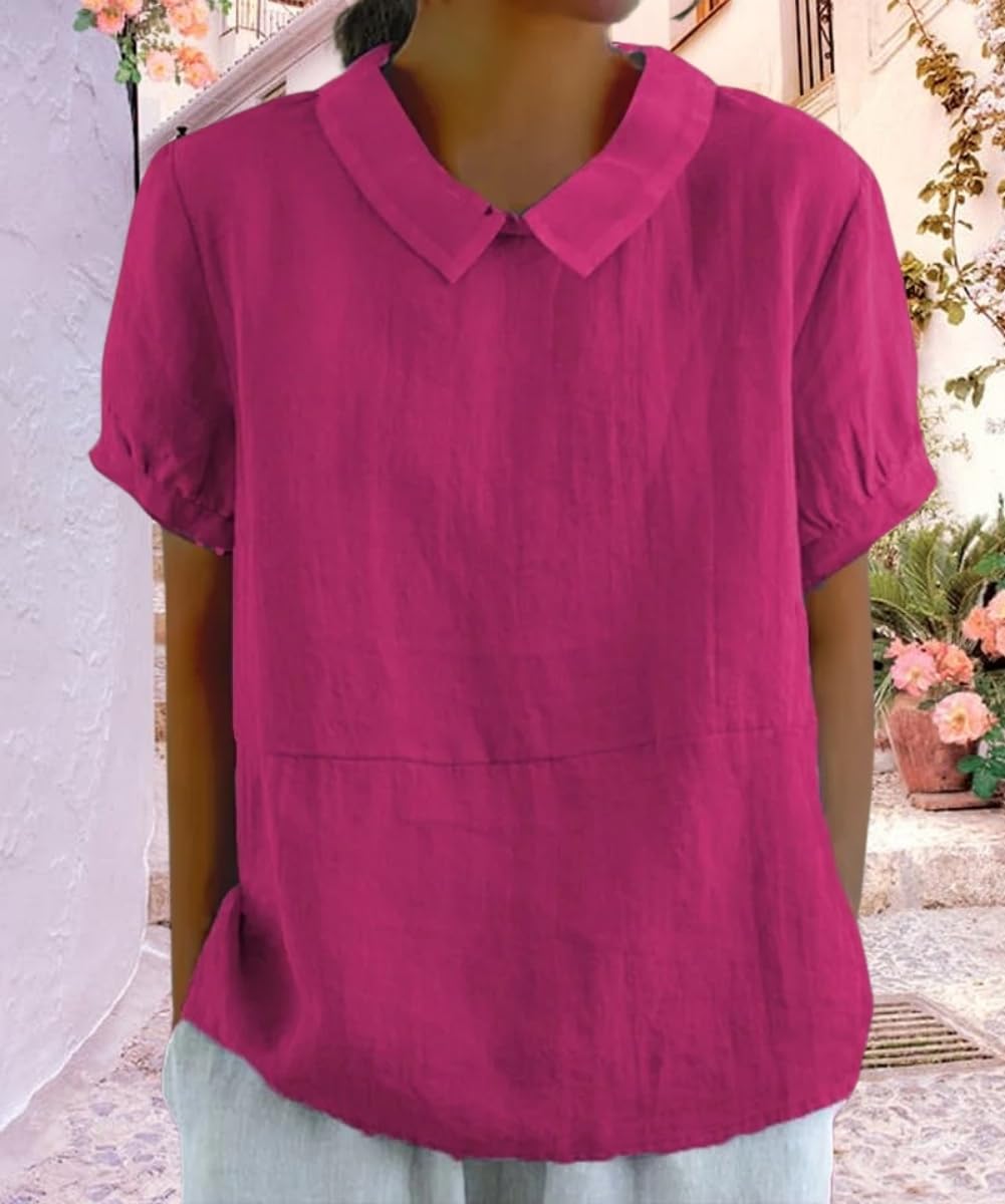 Cotton Linen Shirts Short Sleeve Casual Collared Work Blouse Tunic Tos