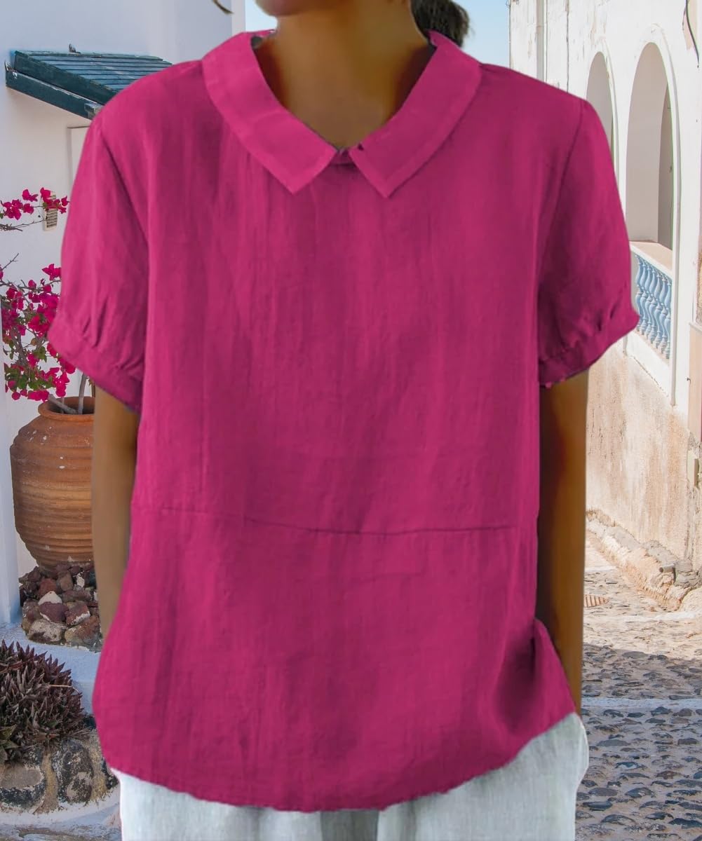 Cotton Linen Shirts Short Sleeve Casual Collared Work Blouse Tunic Tos