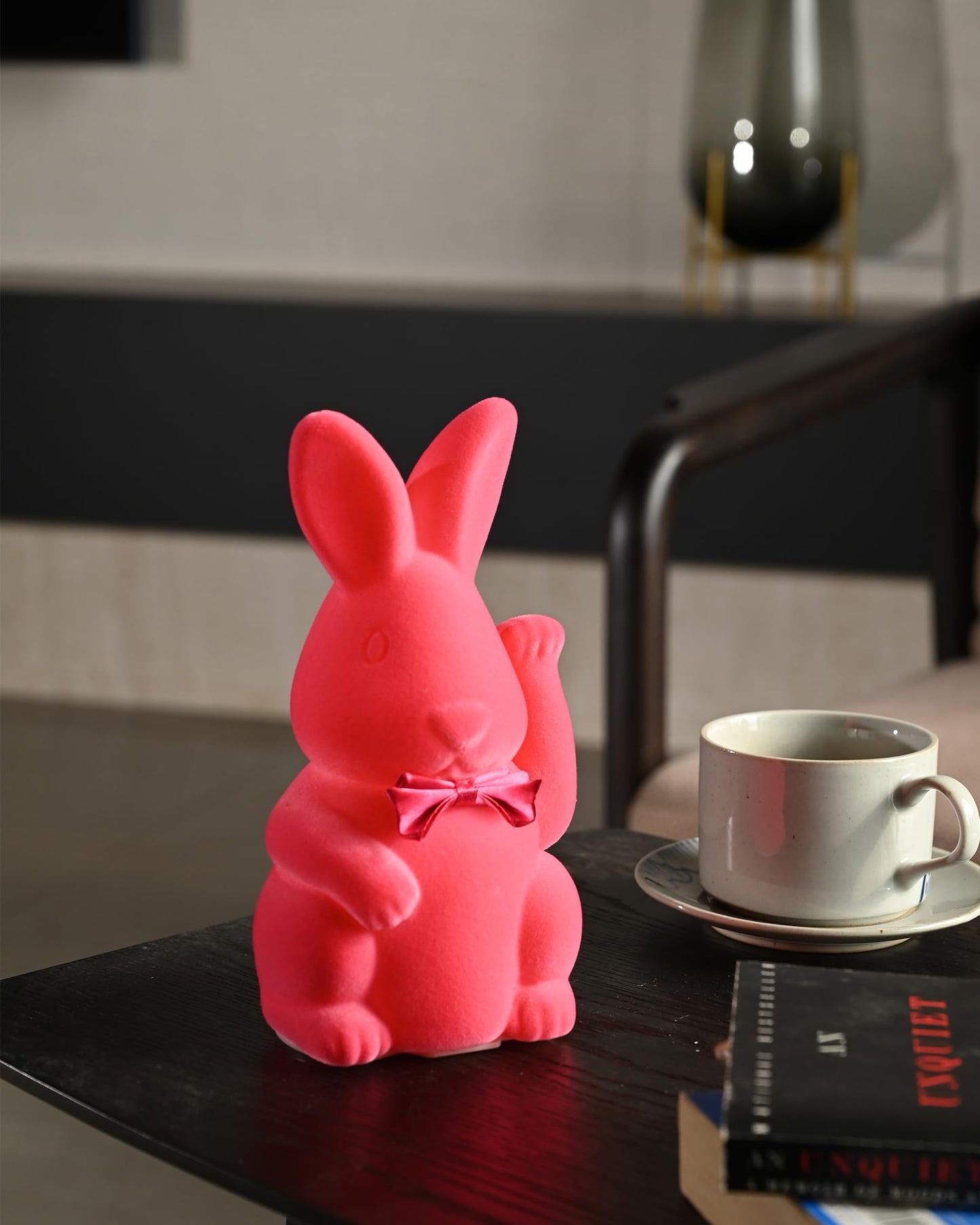 Vibrant Flocked Bunny Figurine, Cute Easter Rabbit Statue