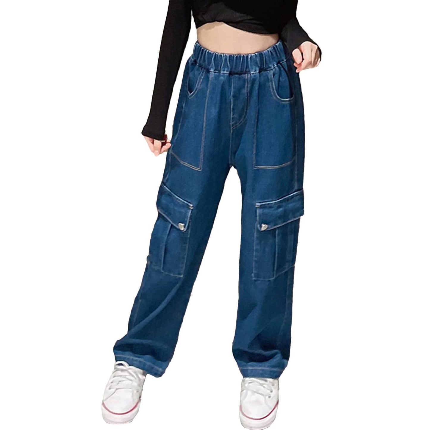 Girls Jeans Denim Elastic Wasit Wide Leg Baggy Pants