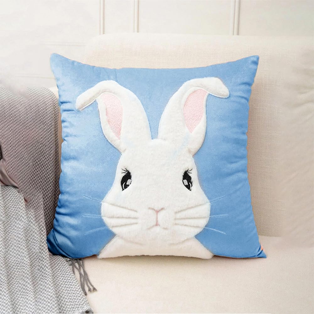 Embroidered 3D Bunny Rabbit Throw Pillowcase Velvet Spring Easter Pillow Covers