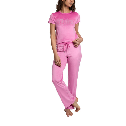 Juicy Couture Women's 2-Piece Velvet Fleece Lounge Sleepwear Set – Short Sleeve Shirt and Pants