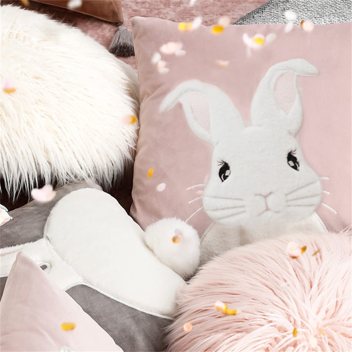 Embroidered 3D Bunny Rabbit Throw Pillowcase Velvet Spring Easter Pillow Covers