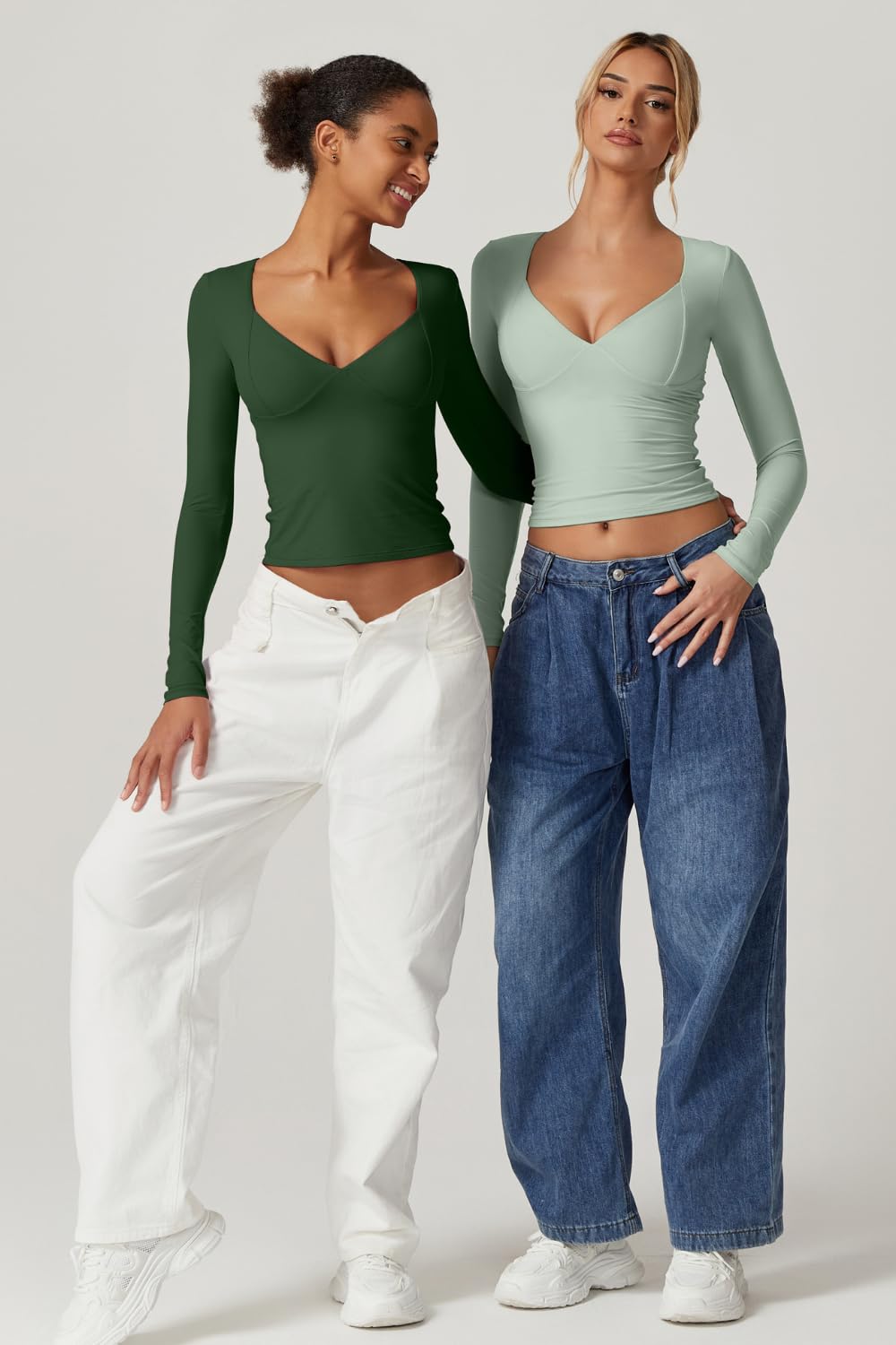 Women's Long Sleeve V Neck T Shirts - Double Lined Crop Top Seamed Cup