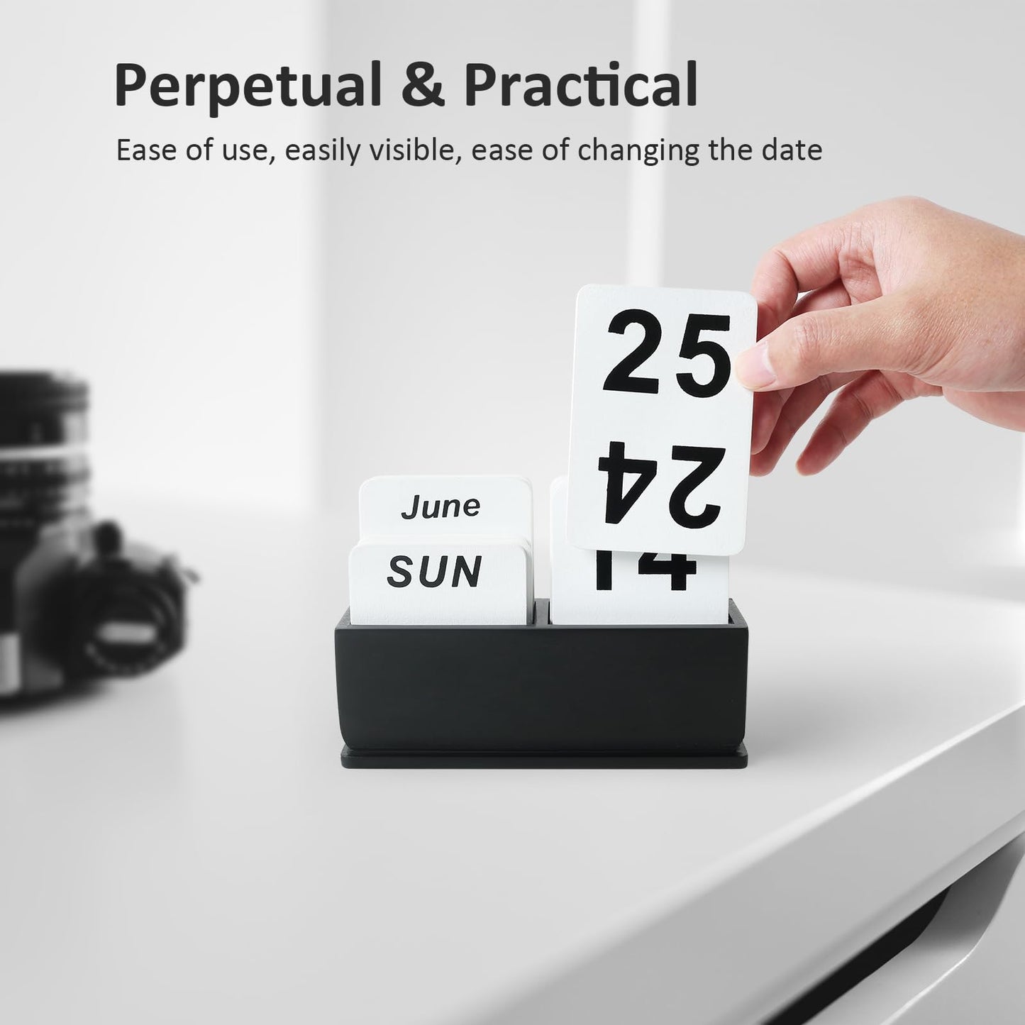 Wooden Block Perpetual Calendar for Desk, Daily Desktop Standing Flip Calendar with Large Display