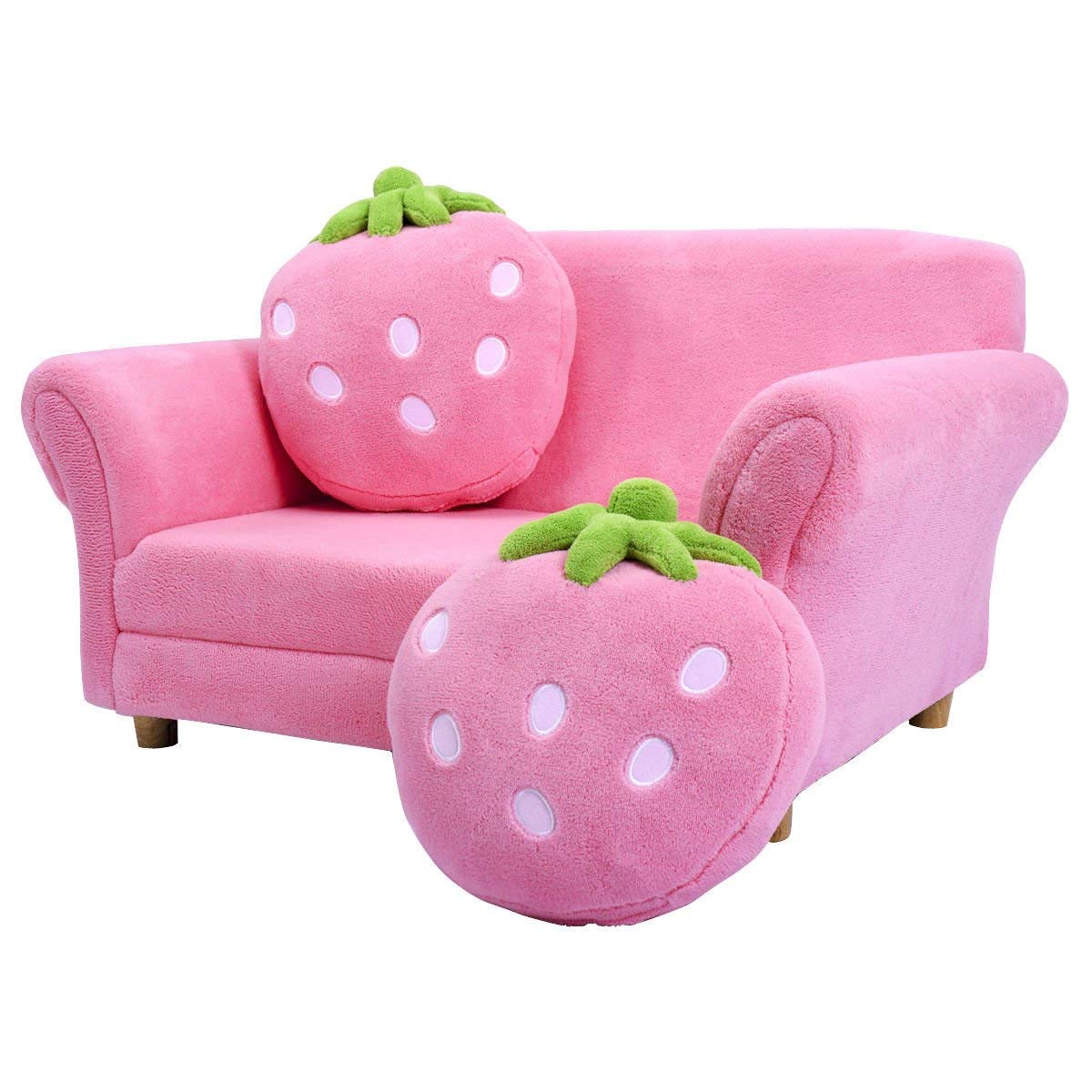 Pink Double Seat Children's Sofa with Strawberry Pillows, Soft Toddler Armchair for Bedroom & Living Room