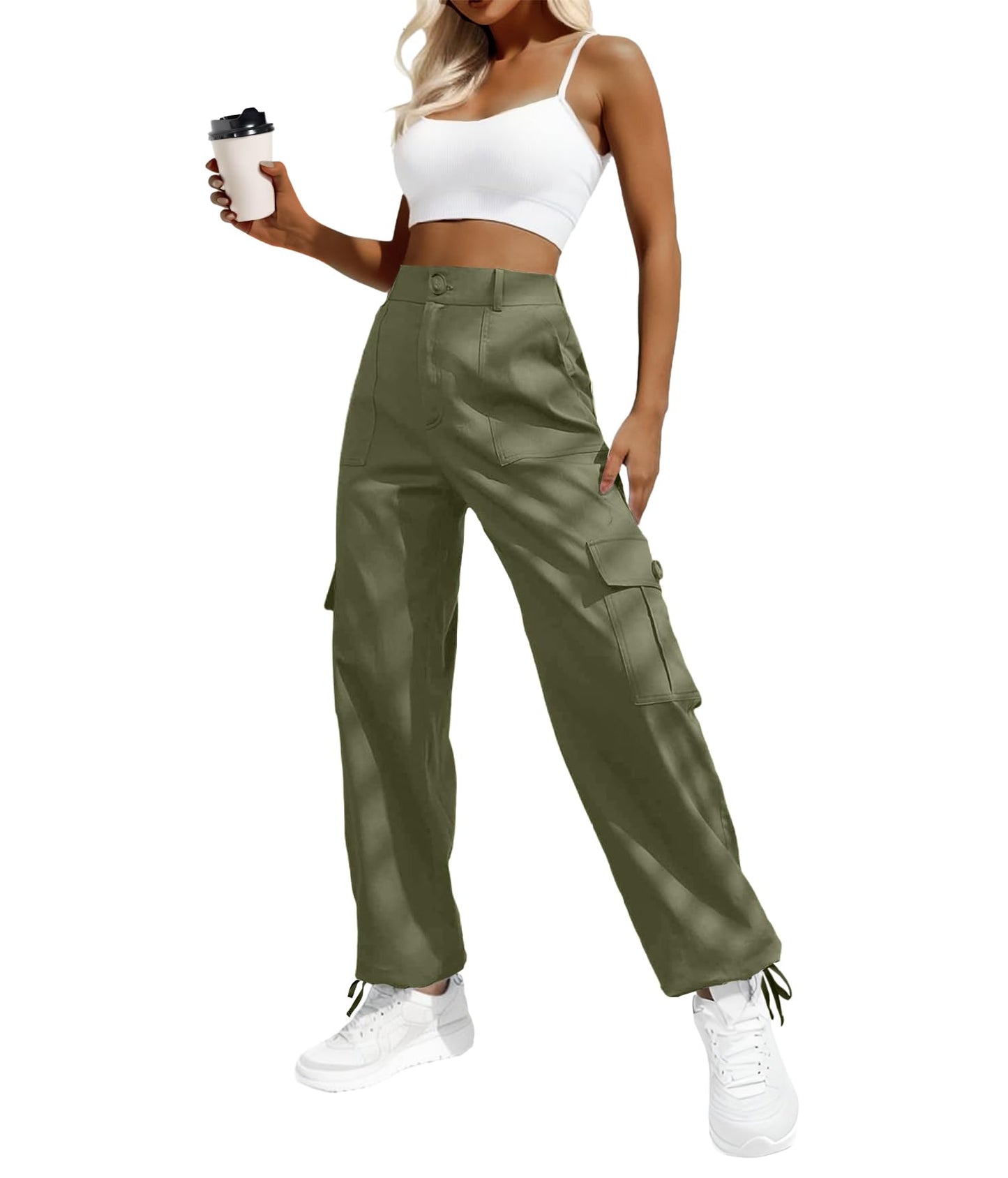 Women's High-Waisted Cargo Pants – Y2K Streetwear Baggy with 6 Pockets & Drawstring Cuffs