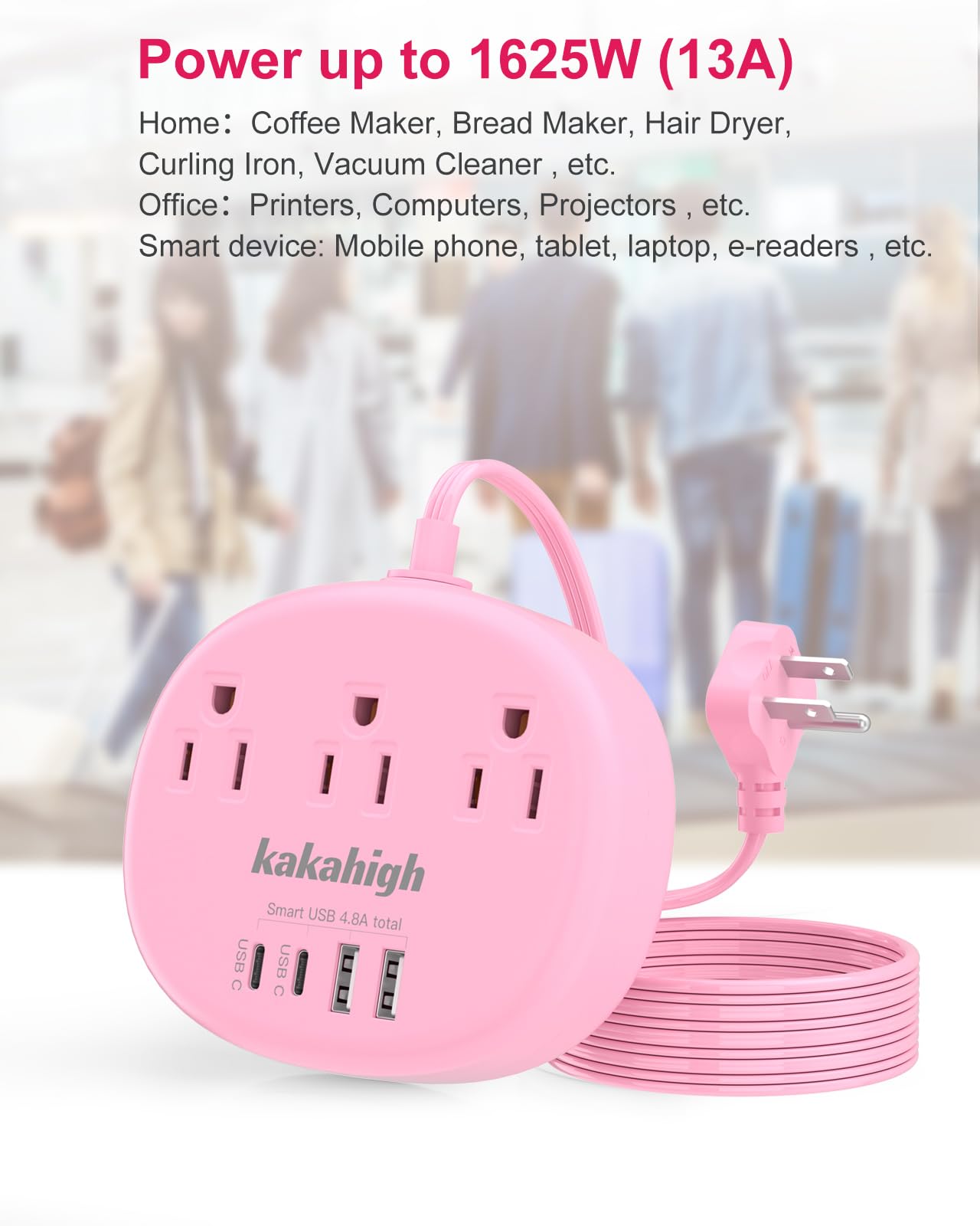 Cute Surge Protector – 5FT Flat Extension Cord, 3 Outlets, 4 USB Ports (24W)