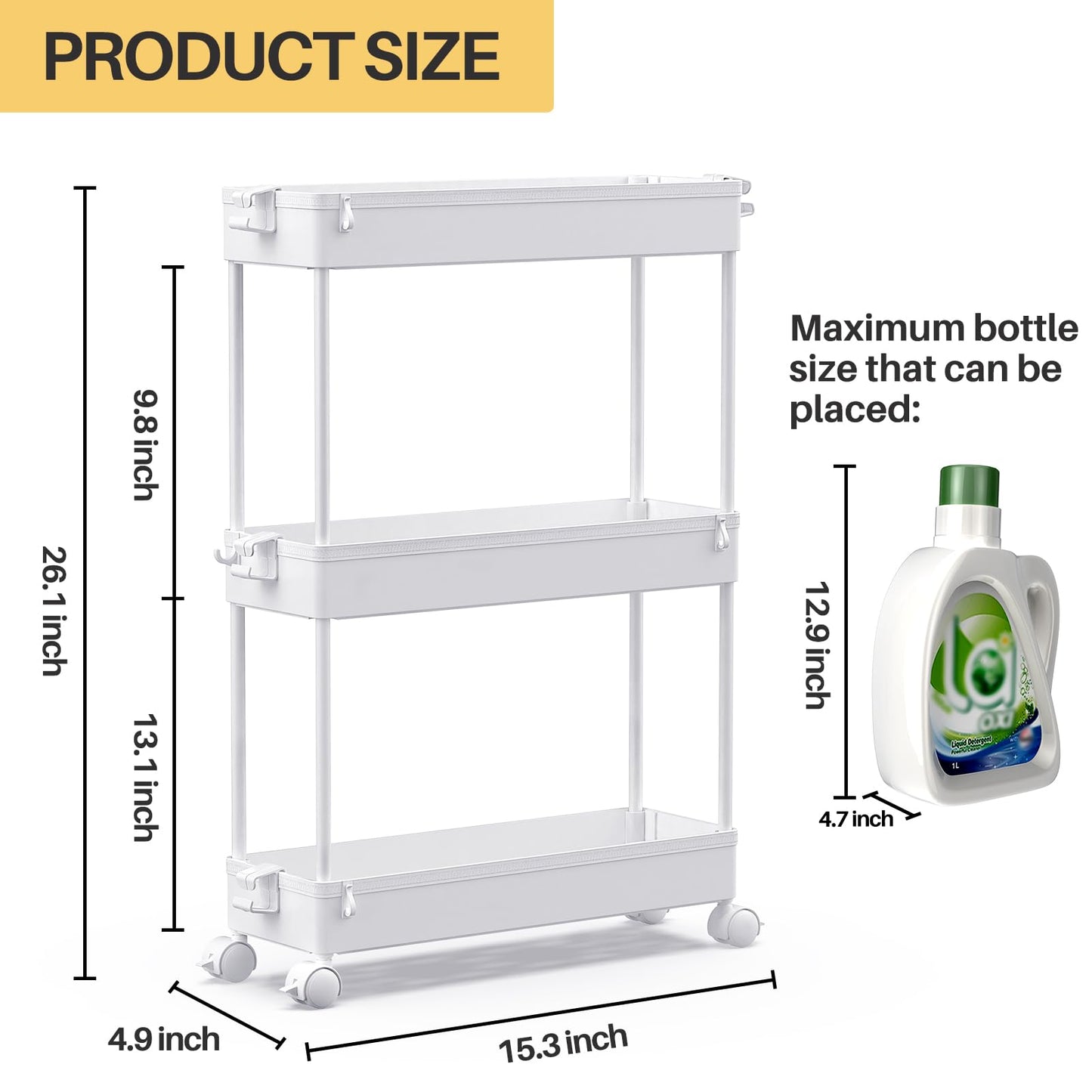 Slim Rolling Storage Cart, 3 Tier Bathroom Organizer