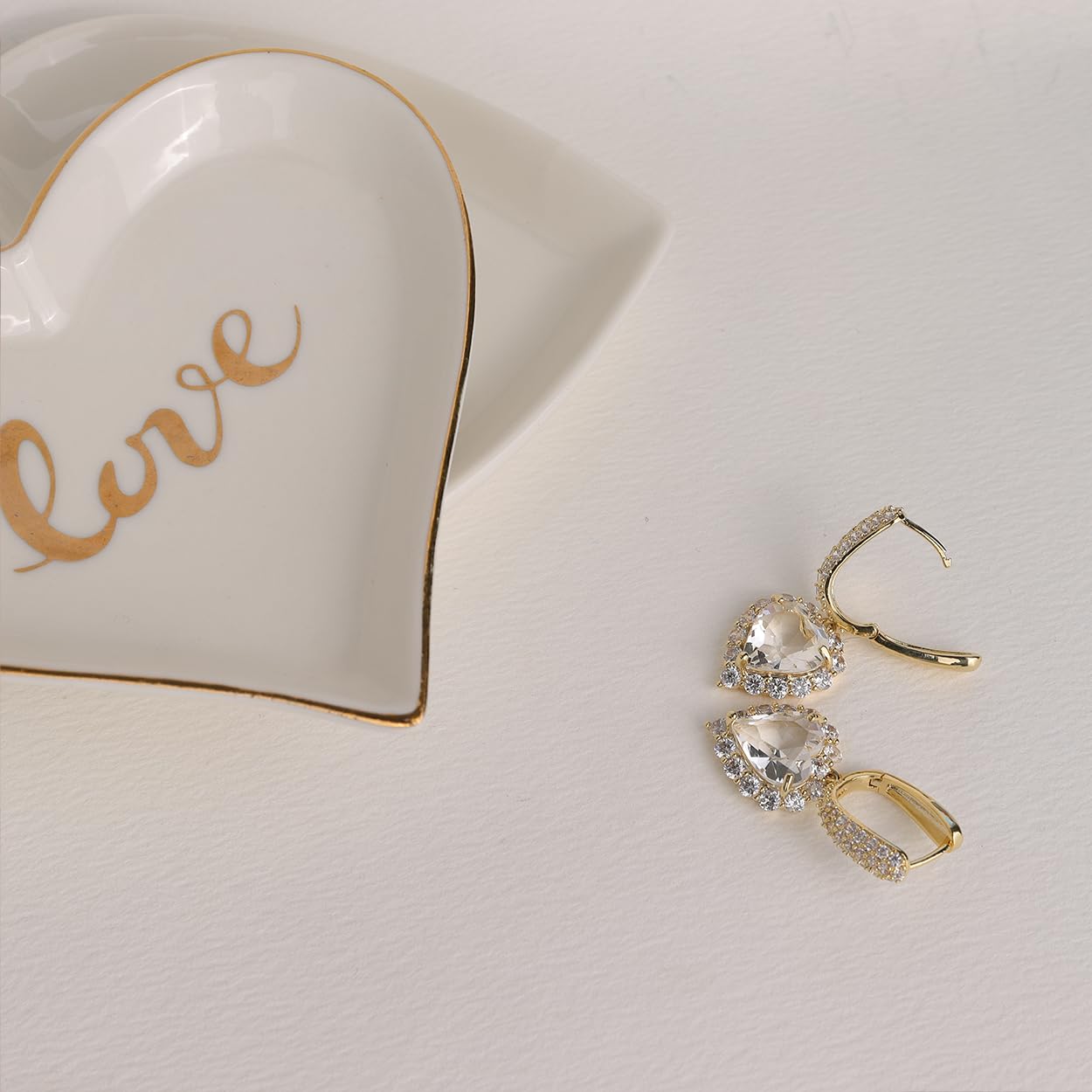 Rhinestone Heart dangle Gold Hoop Earrings for Women, Sparkly Crystal Cubic Zirconia Drop Huggie Earing Dangling