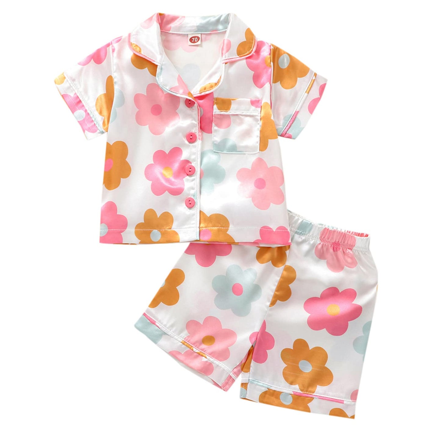 Toddler Girls Floral Silk Pajamas Short Sleeve Button-Up Top Shorts 2PC Flowers Satin Pajamas Set