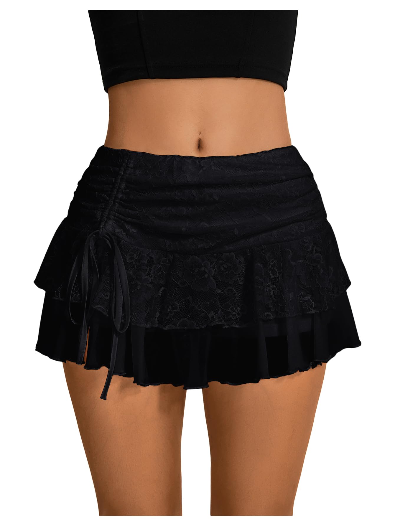 Women's Y2k Low Waist Lace Mesh Layered Ruffled Mini Skirt Skort