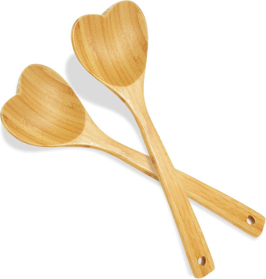 Wooden 2 Pieces Heart Spoons for Cooking 12.2 Inch Bamboo Spoon Kitchen Utensils