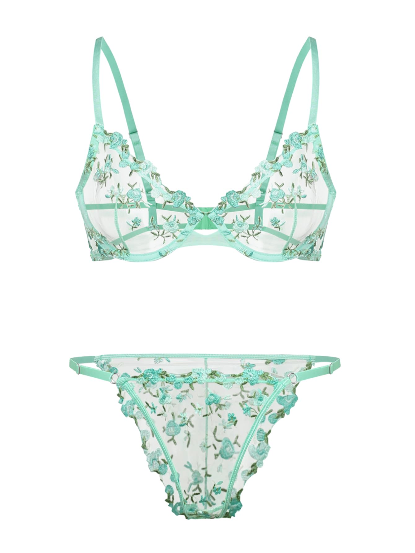 Sexy Floral Embroidered Mesh Sheer Underwire Lingerie Set