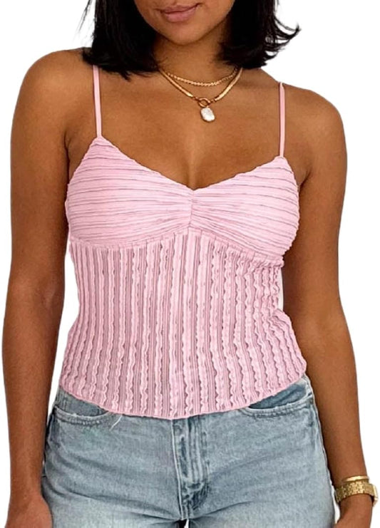 Women Y2k Crop Tank Top Low Cut Sleeveless Cami Top Sexy V Neck Spaghetti Strap Camisoles