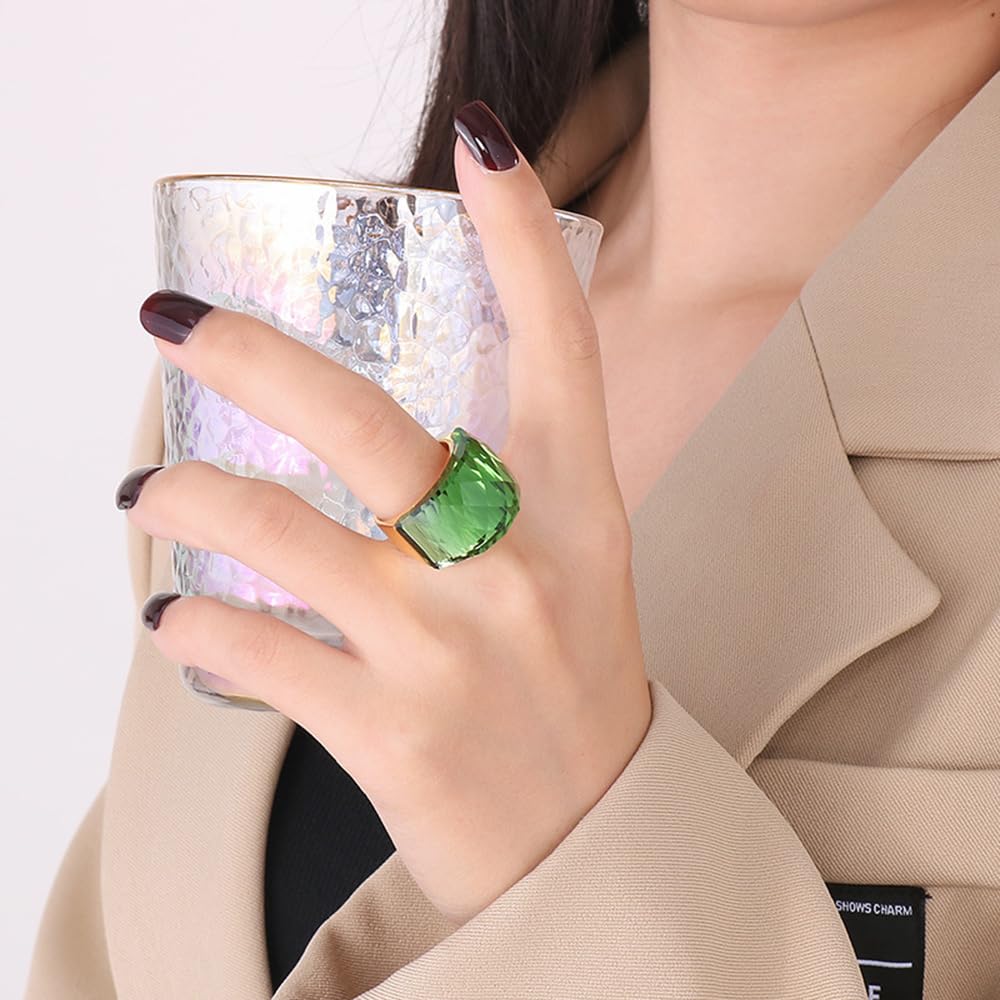 Gold-Plated Crystal Glass & Stainless Steel Band Ring – Exaggerated Cubic Zirconia Statement Ring for Women, Cocktail Party & Birthday Gift