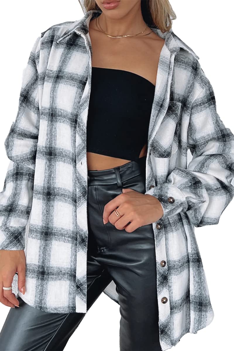 Women's Casual Flannel Plaid Shacket Button Down Long Sleeve Shirt Jacket Coats with Pockets