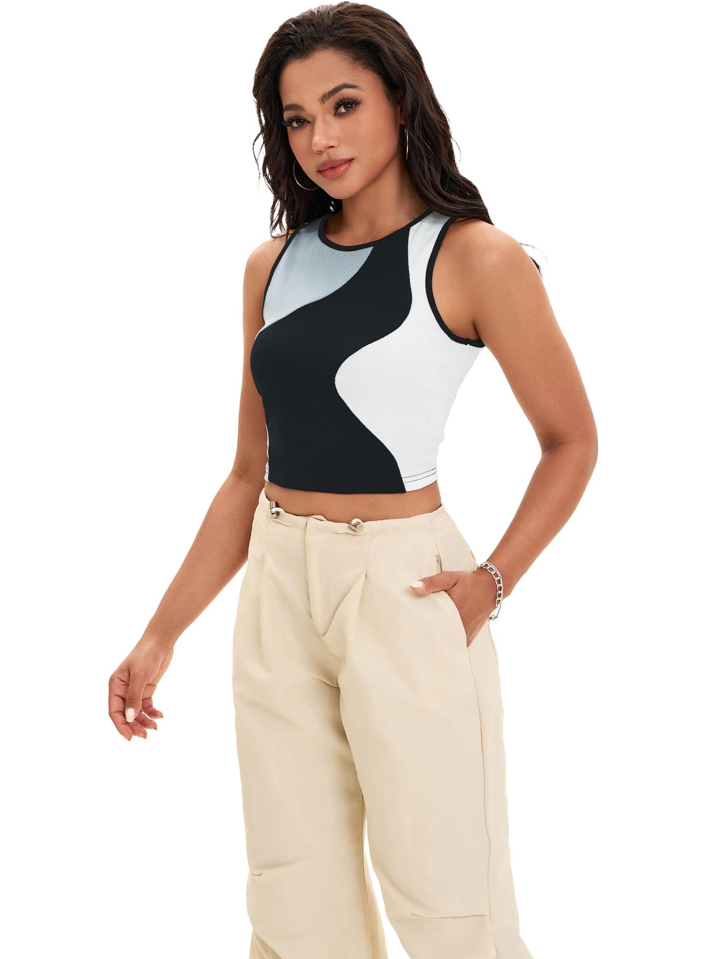 Crop Tank Tops mer Color Block Ribbed Tops