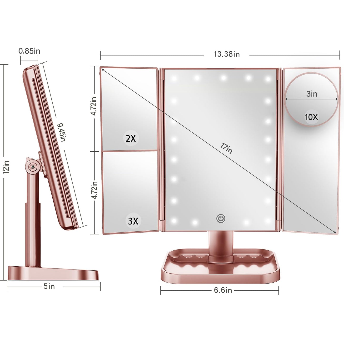 Makeup Mirror Vanity with Lights, 2X 3X 10X Magnification, Lighted Mirror, Touch Control, Trifold Dual Power Supply, Portable LED