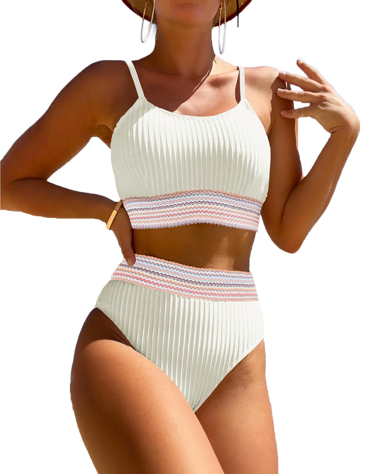 Women's High Waisted Swimsuit Two Piece Ribbed Bikini Sets Crop Top High Cut Cheeky Bathing Suits