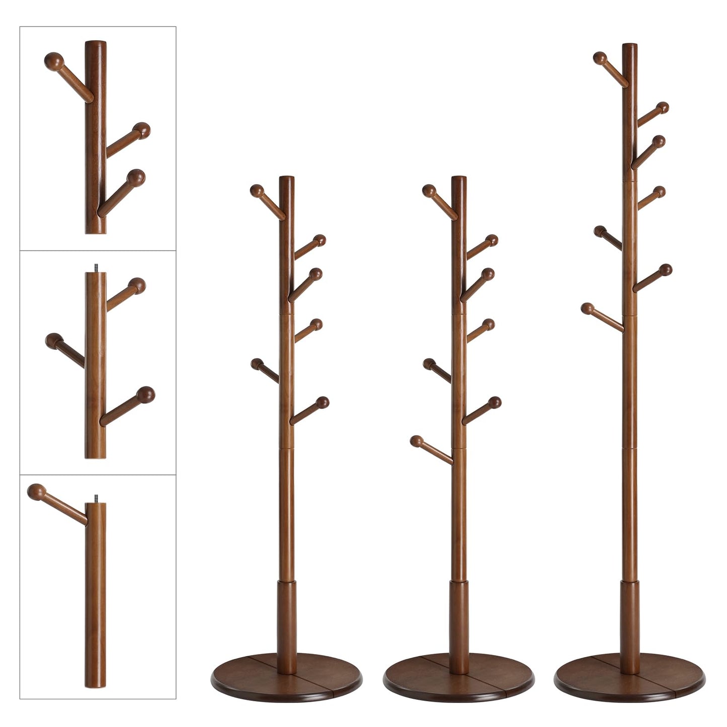 Solid Wood Coat Rack – Free-Standing Tree with 8 Hooks, Adjustable Height for Coats, Hats, and Bags