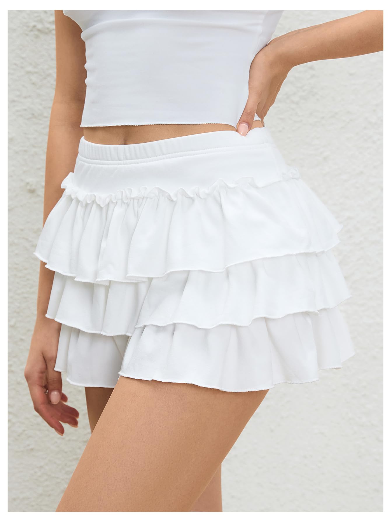 Women's Bow Back Mini Skirt Elastic Low Waist Layered Ruffle Hem Short Cake Skirts