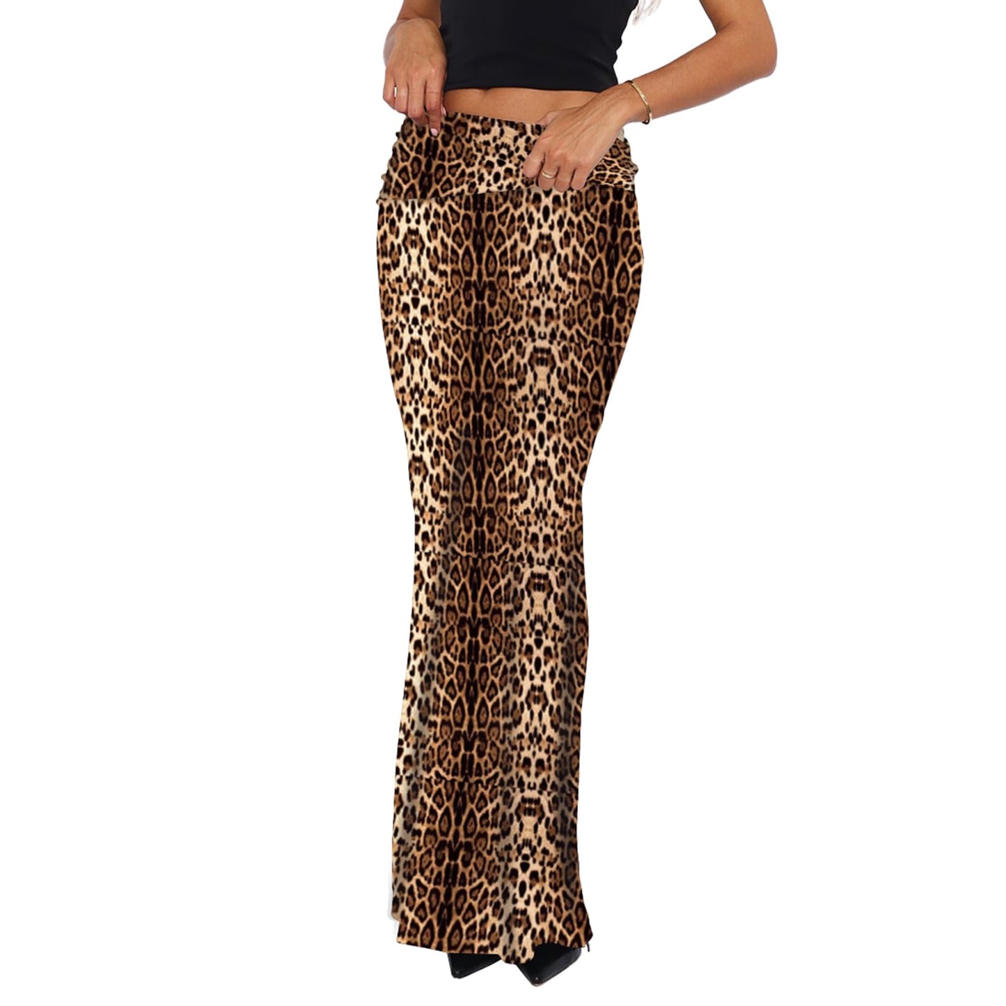 Foldover Bodycon Maxi Skirts High Waist Floral Leopard Cheetah Print Sexy Long Y2k Skirt