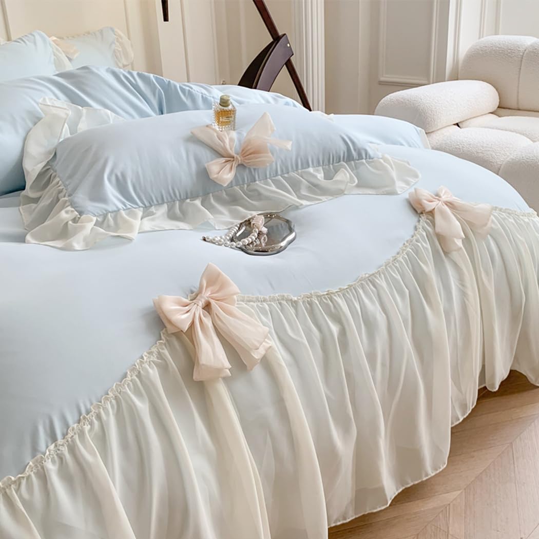 Princess Style Lace Bedding Comforter Cover Set, Chic Ruffled Duvet Cover with Lovely Bow, 1 Duvet Cover with 2 Pillowcases, No Comforter