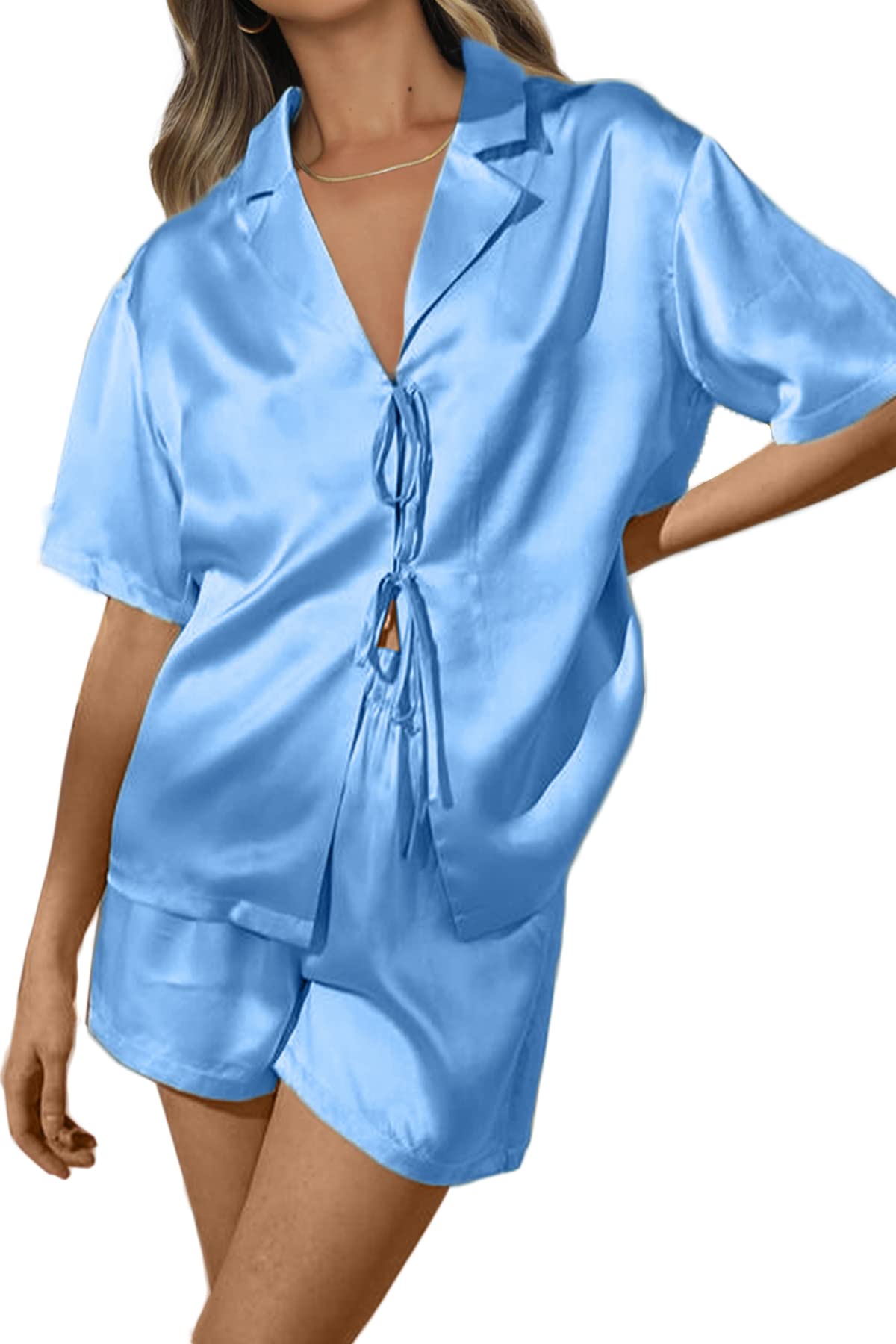 Women's Silk Satin Pajamas Sets Tie Front Short Sleeve Tops and Shorts Two Piece Pj Sets Sleepwear