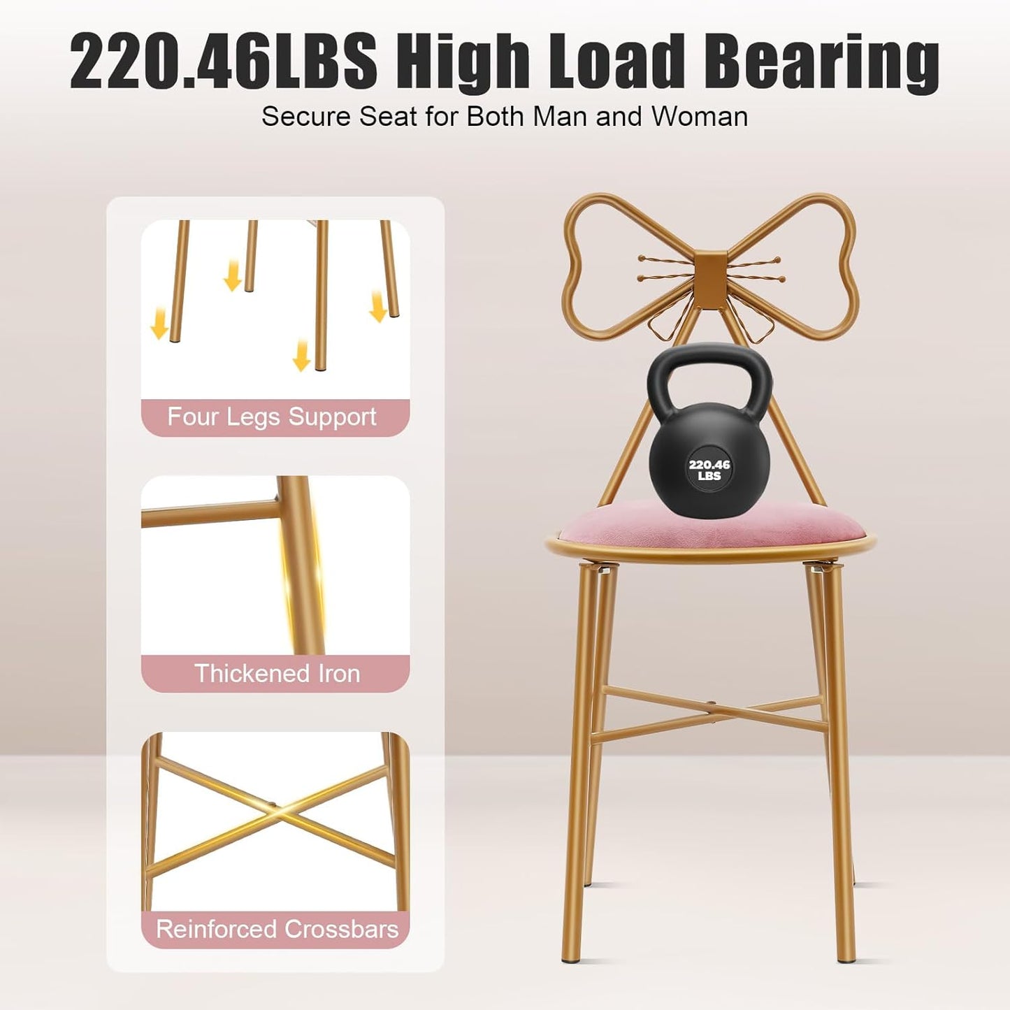 Modern Vanity Chair Stool, Cute Makeup Chair w/Butterfly Backrest and Pink Flannel Cushion