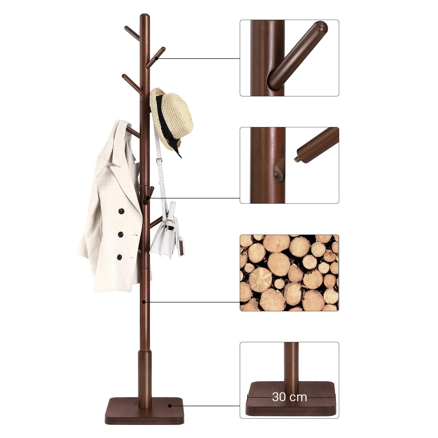 Solid Wood Coat Rack – Free-Standing Tree with 8 Hooks, Adjustable Height for Coats, Hats, and Bags