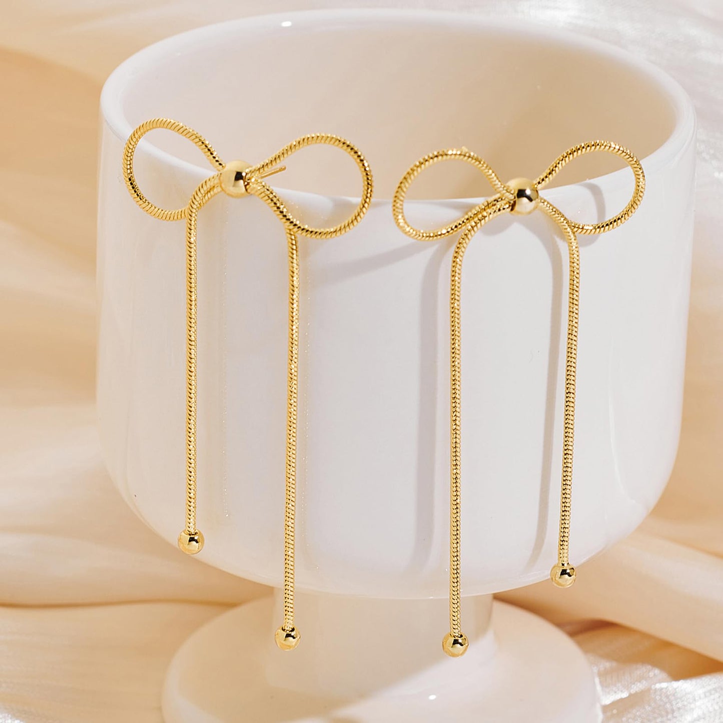 Gold Silver Bow Drop Earrings - Long Tassel Chain Bow Earrings