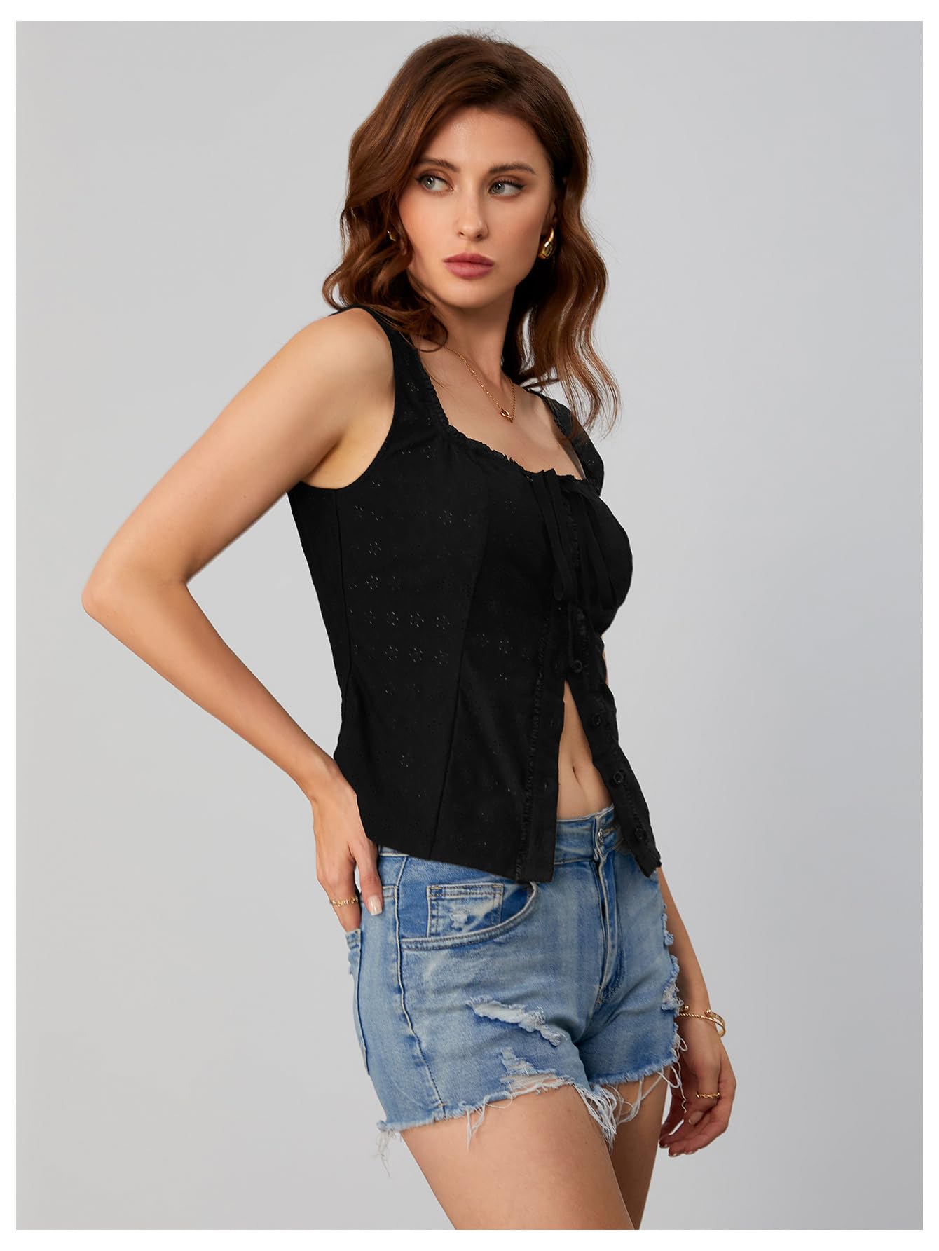 Women Square Neck Sleeveless Lace Tank Top