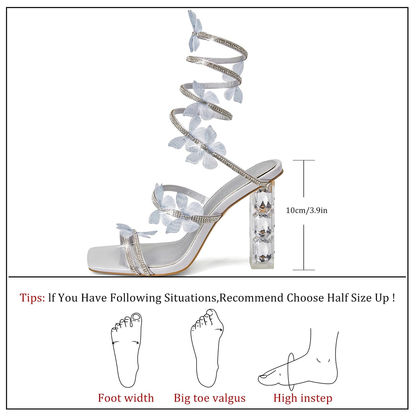 Butterfly Rhinestone Strappy Heels - Crystal High Block Heeled Square Open Toe