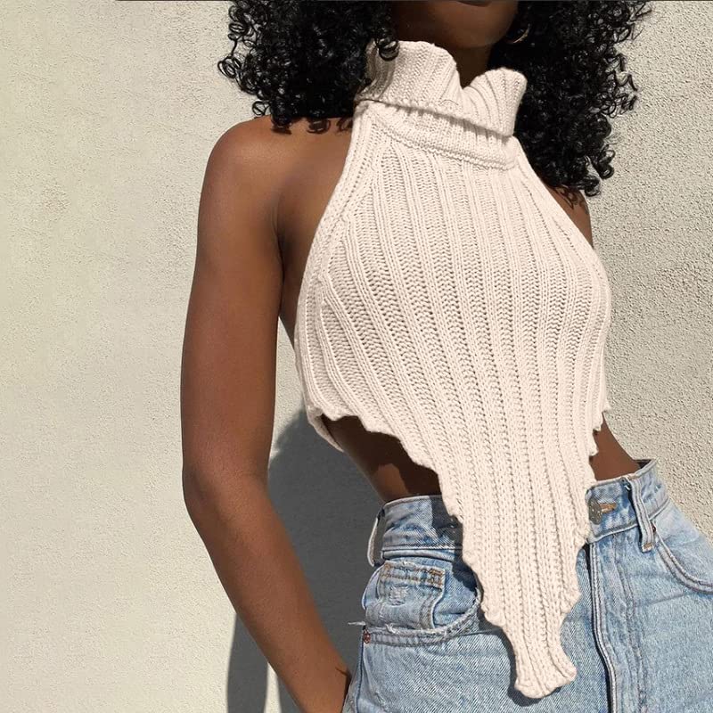 Sexy Halter Knitted Turtleneck Crop Tank Tops Irregular Cut Out Backless Camisole