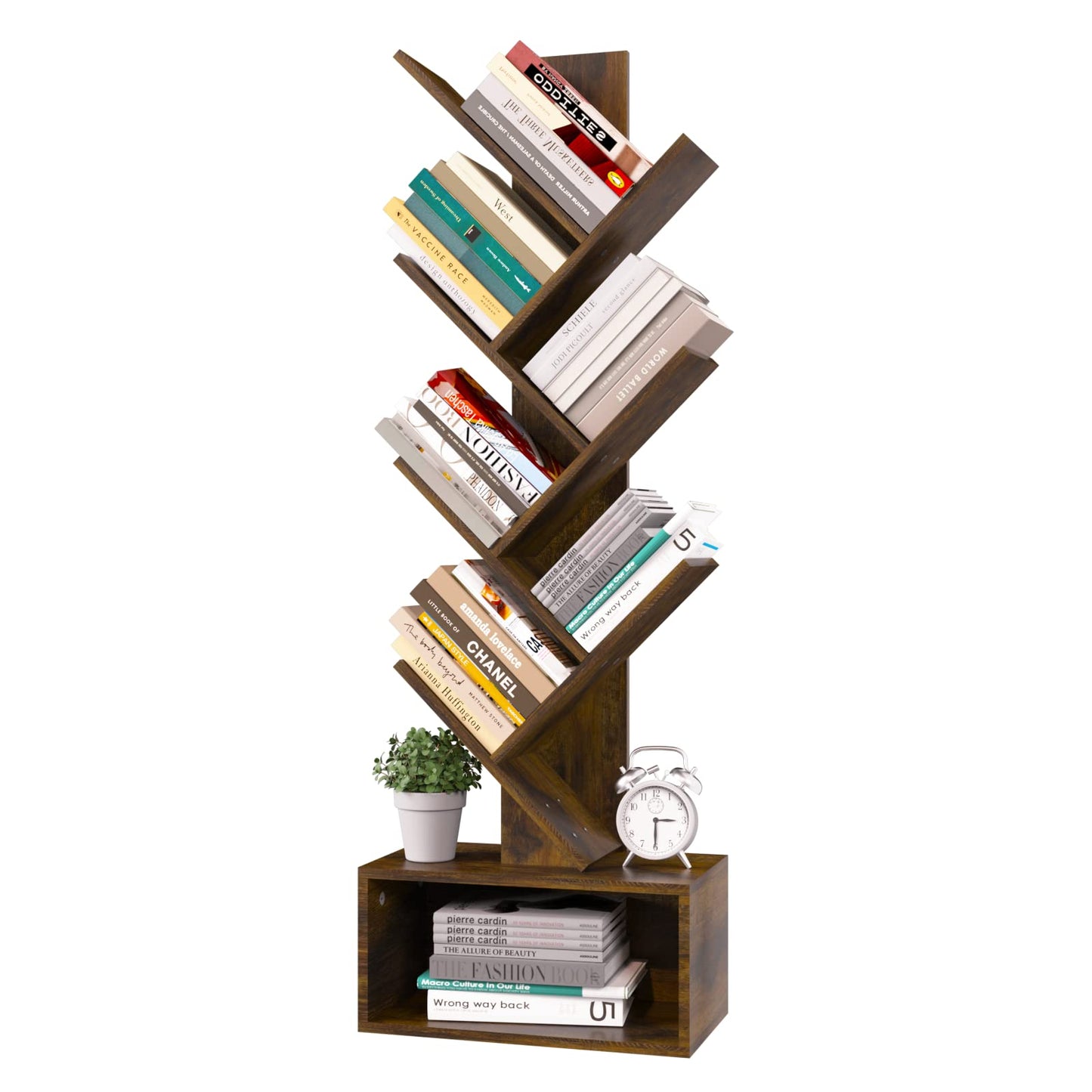 Tree Bookshelf - 6 Shelf Retro Floor Standing Bookcase, Tall Wood Book Storage Rack