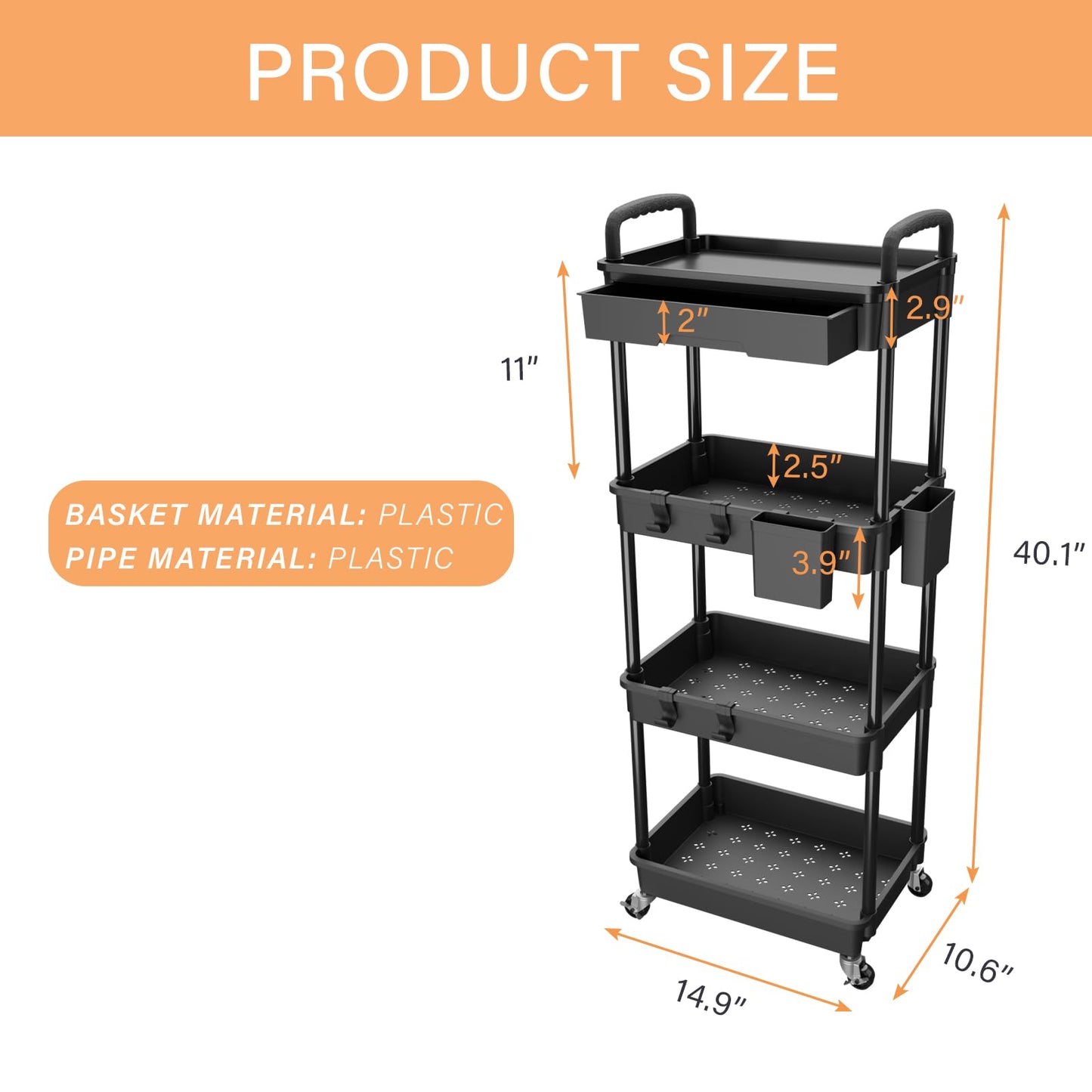 Rolling Utility Cart with Drawer,Storage Cart with Iron Wheels