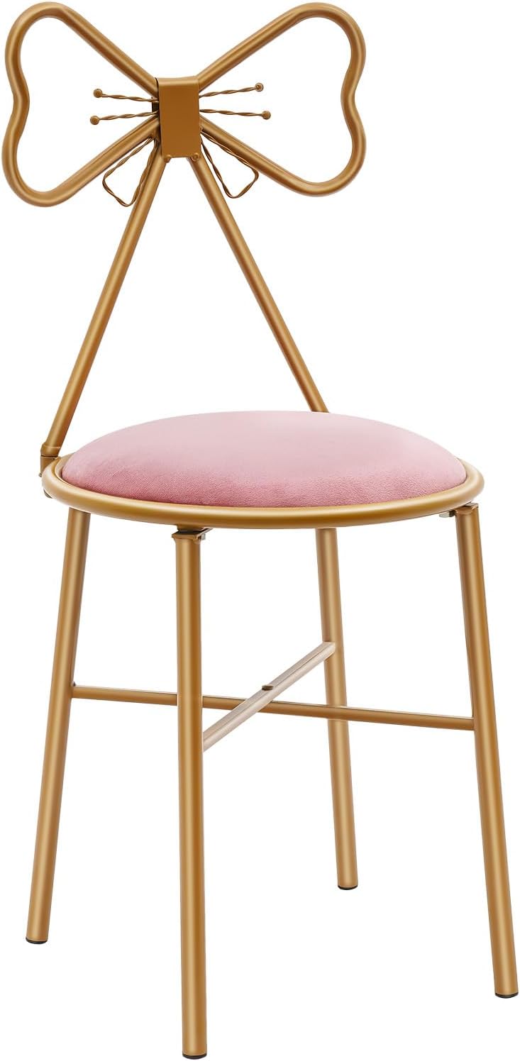 Modern Vanity Chair Stool, Cute Makeup Chair w/Butterfly Backrest and Pink Flannel Cushion