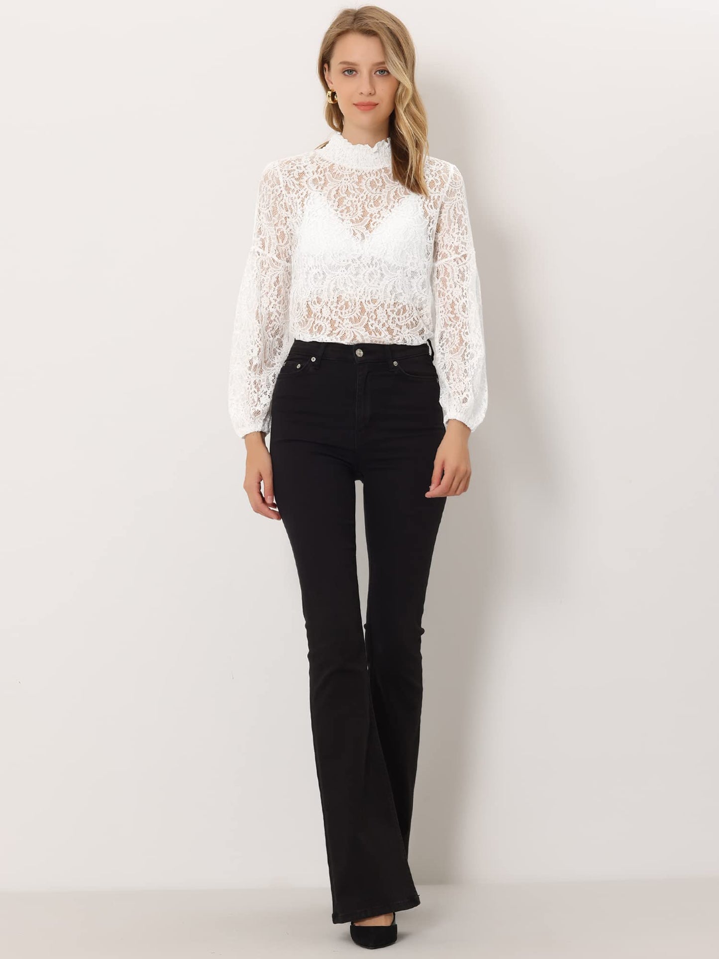 Floral Lace Top Turtleneck Puff Long Sleeve See Through Sheer Blouse